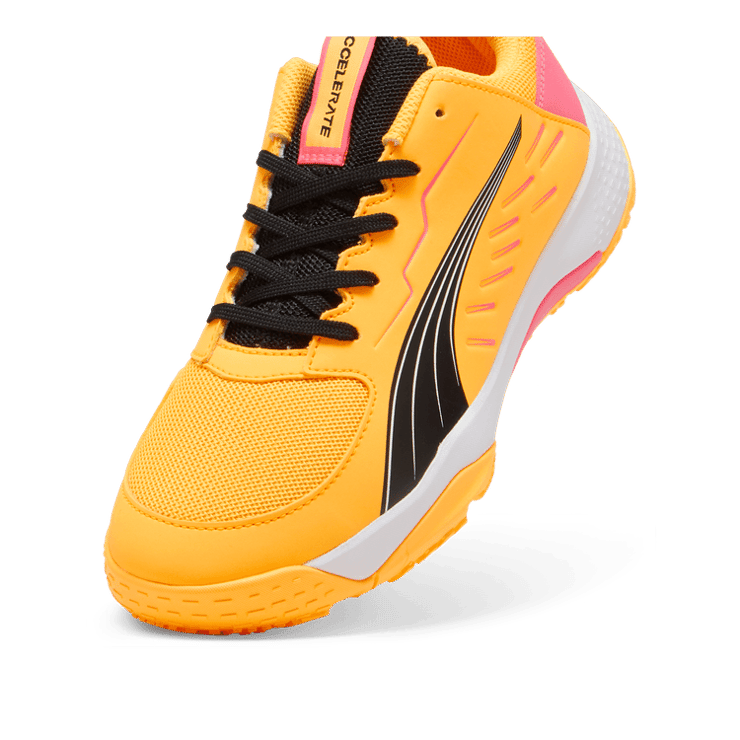 PUMA Accelerate Court in Sun Stream/Sunset Glow/Black (GS) Angle 2