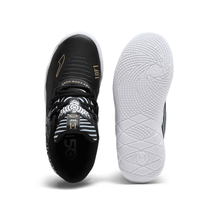 PUMA x LAMELO BALL MB.01 Rare Reserve Stripes Basketball in Black/White/Gold (PS) Angle 0