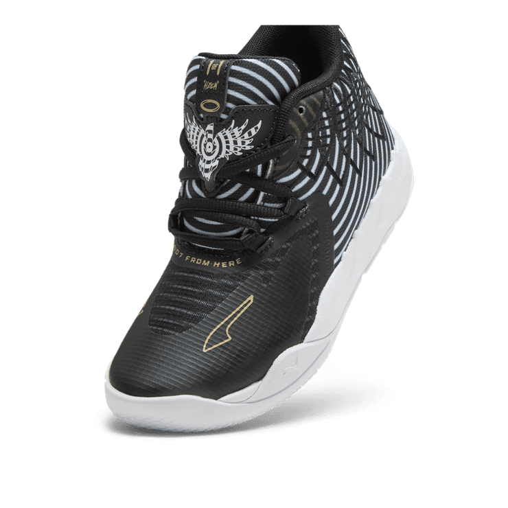 PUMA x LAMELO BALL MB.01 Rare Reserve Stripes Basketball in Black/White/Gold (PS) Angle 2