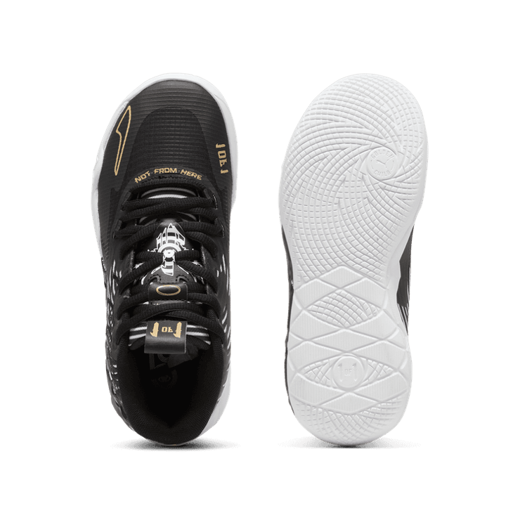 PUMA x LAMELO BALL MB.01 Rare Reserve Stripes Basketball in White/Black/Gold (GS) Angle 0