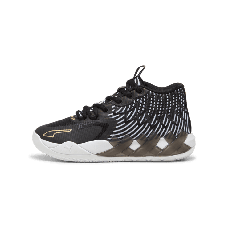 PUMA x LAMELO BALL MB.01 Rare Reserve Stripes Basketball in White/Black/Gold (GS) Angle 1