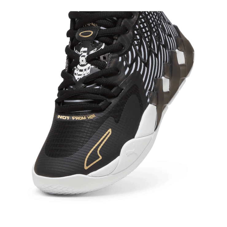 PUMA x LAMELO BALL MB.01 Rare Reserve Stripes Basketball in White/Black/Gold (GS) Angle 2