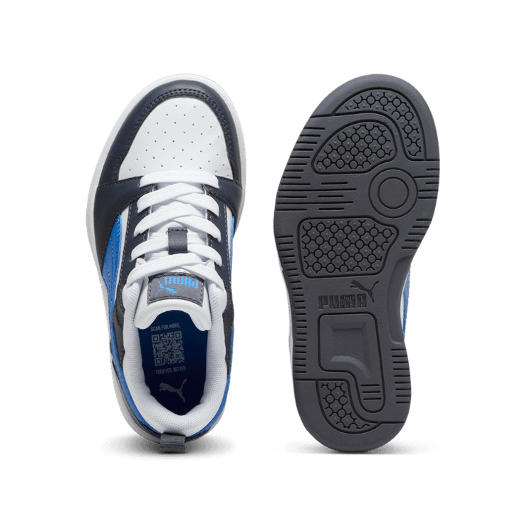 PUMA Rebound V6 Lo Sneakers in White/Hyperlink Blue/Galactic Grey (PS) Angle 0
