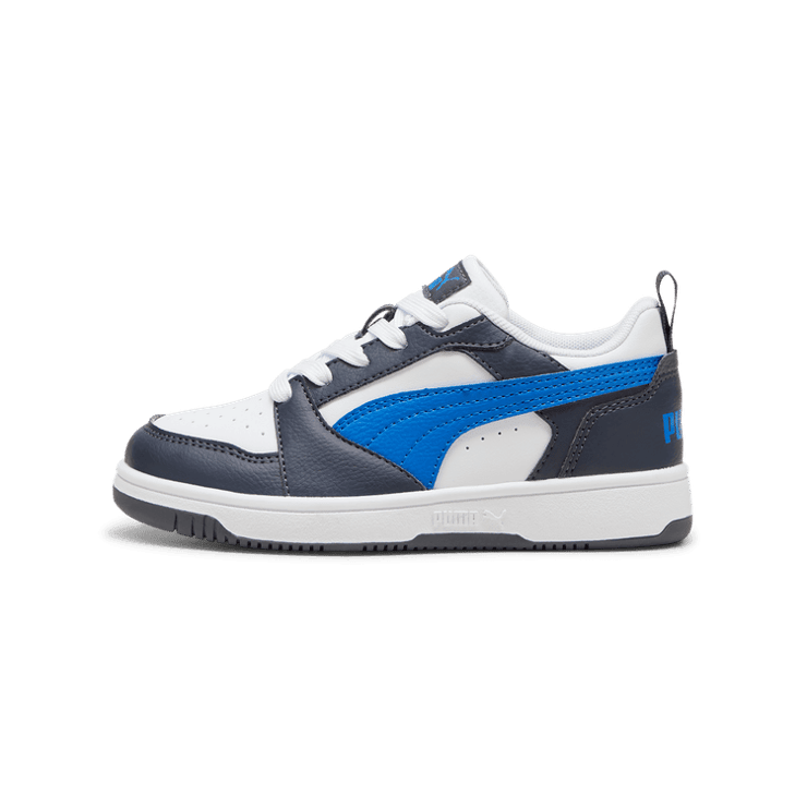 PUMA Rebound V6 Lo Sneakers in White/Hyperlink Blue/Galactic Grey (PS) Angle 1