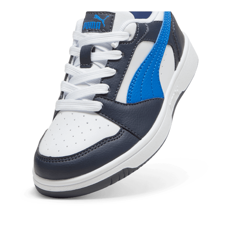PUMA Rebound V6 Lo Sneakers in White/Hyperlink Blue/Galactic Grey (PS) Angle 2