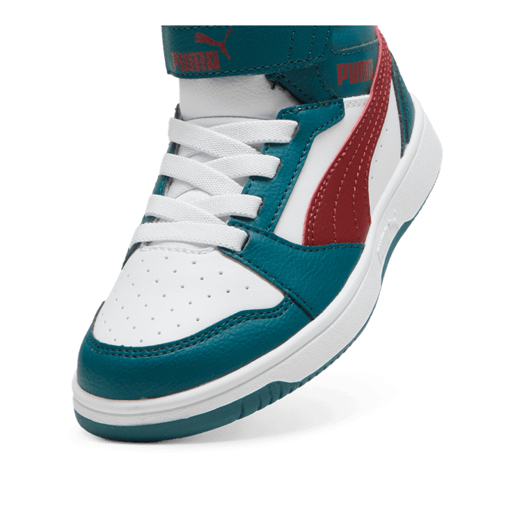 PUMA Rebound V6 Mid Sneakers in Cold Green/Alpine Snow/Intense Red (PS) Angle 2