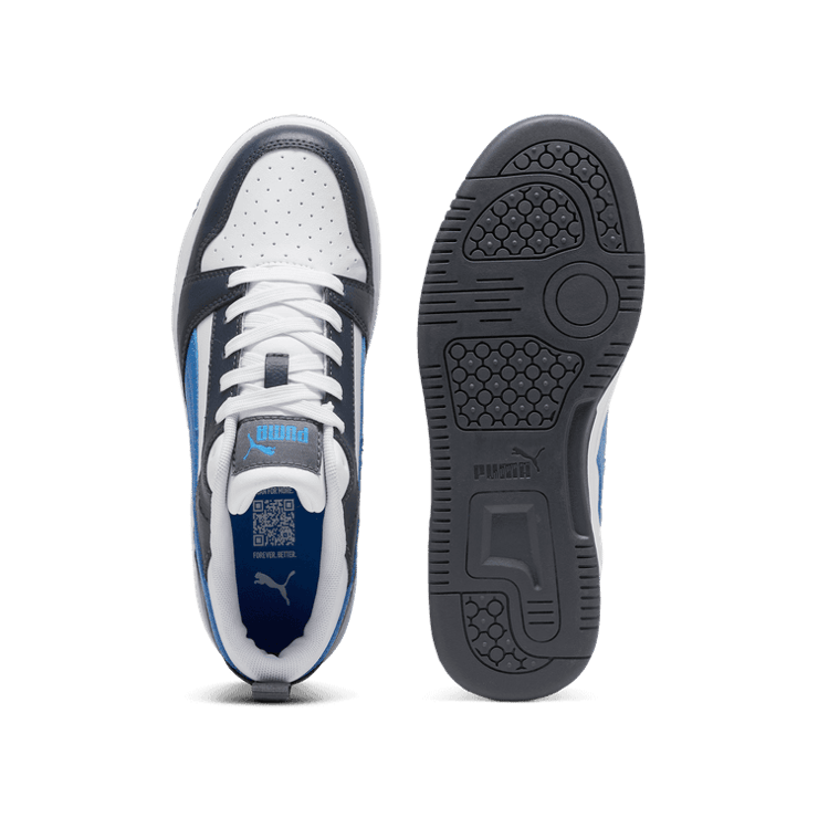 PUMA Rebound V6 Lo Sneakers in White/Hyperlink Blue/Galactic Grey (GS) Angle 0