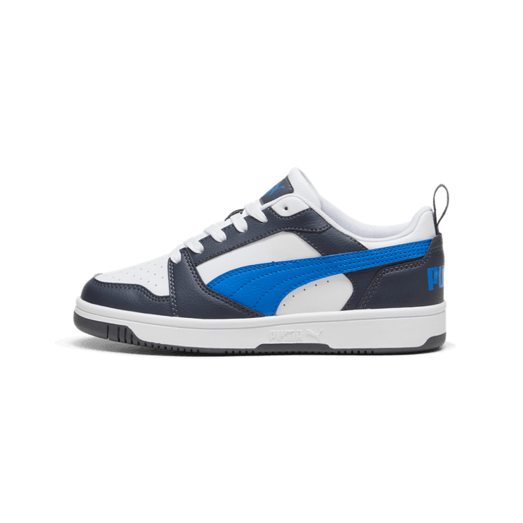 PUMA Rebound V6 Lo Sneakers in White/Hyperlink Blue/Galactic Grey (GS) Angle 1
