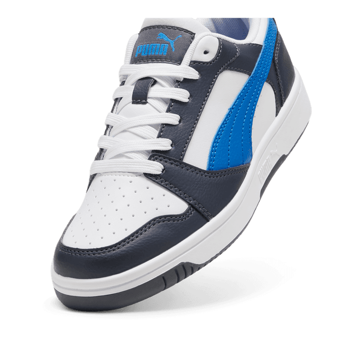 PUMA Rebound V6 Lo Sneakers in White/Hyperlink Blue/Galactic Grey (GS) Angle 2