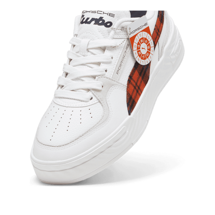 PUMA Porsche Legacy CA Pro Tartan Sneakers in White/Redmazing Angle 2