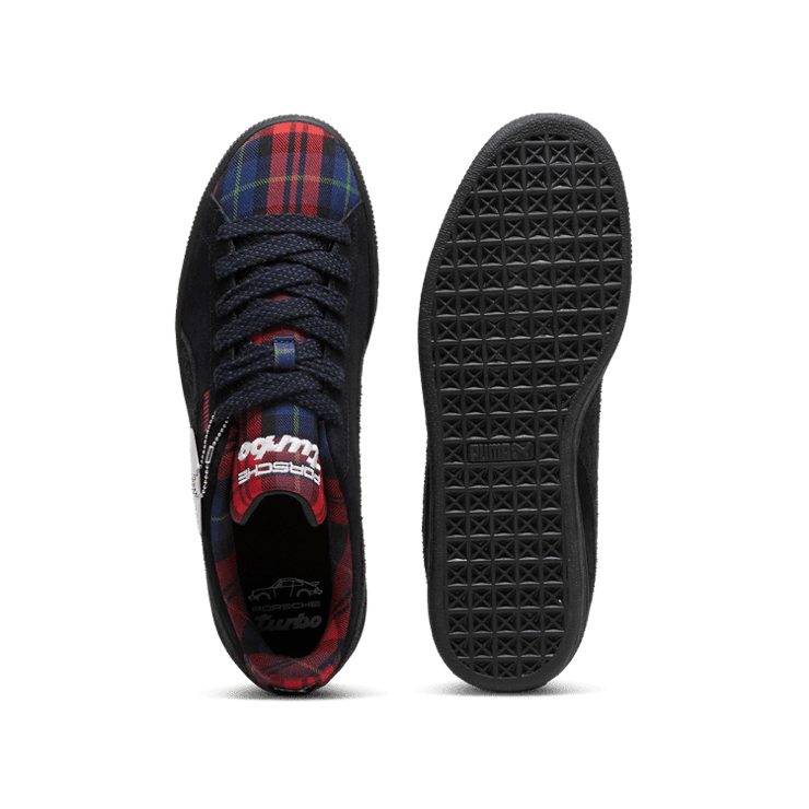 PUMA Porsche Legacy Suede Classic Tartan Sneakers in Black/Redmazing Angle 0