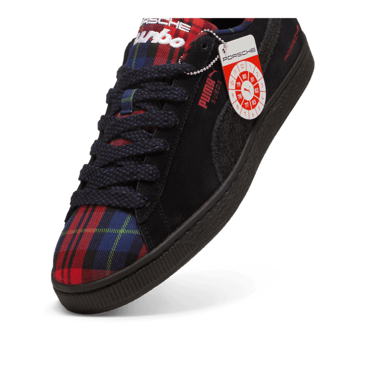 PUMA Porsche Legacy Suede Classic Tartan Sneakers in Black/Redmazing Angle 2