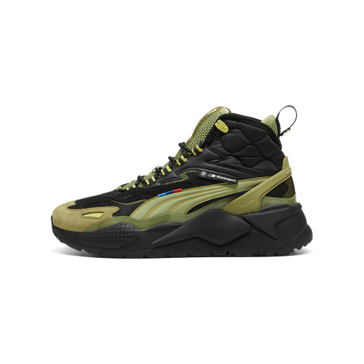 PUMA BMW M Motorsport RS-X Mid Sneakers in Black/Calming Green Angle 1