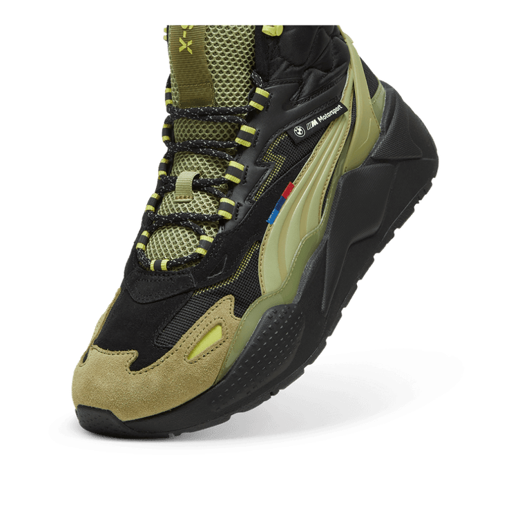 PUMA BMW M Motorsport RS-X Mid Sneakers in Black/Calming Green Angle 2