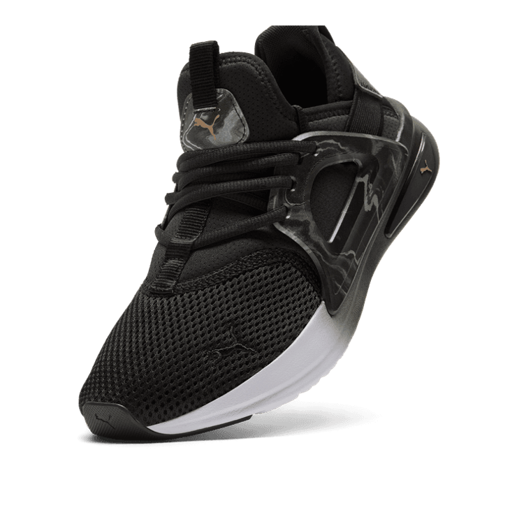 PUMA Softride Enzo Evo Geode Glow Wide Sneakers in Black/Gold Angle 2