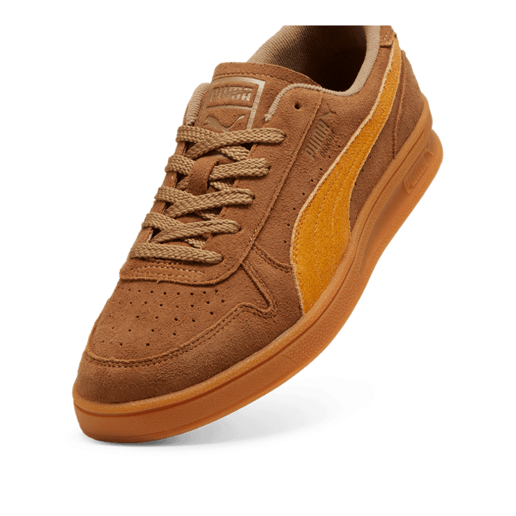 PUMA Indoor R-Suede Sneakers in Chocolate Chip/Sport Yellow Angle 2