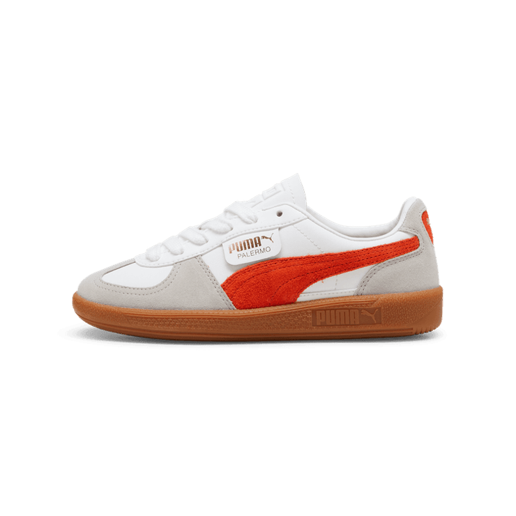 PUMA Palermo Leather Sneakers in White/Redmazing/Gum (GS) Angle 1