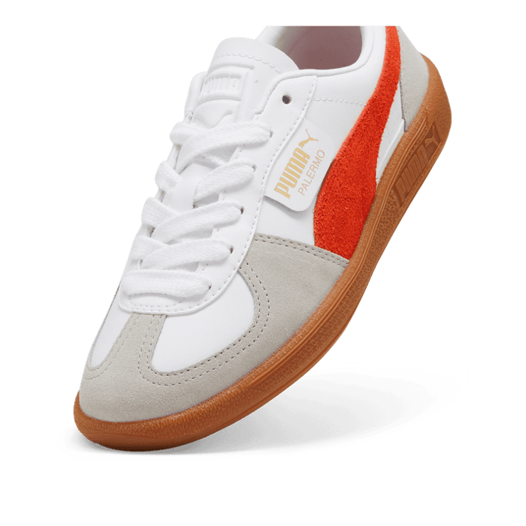 PUMA Palermo Leather Sneakers in White/Redmazing/Gum (GS) Angle 2