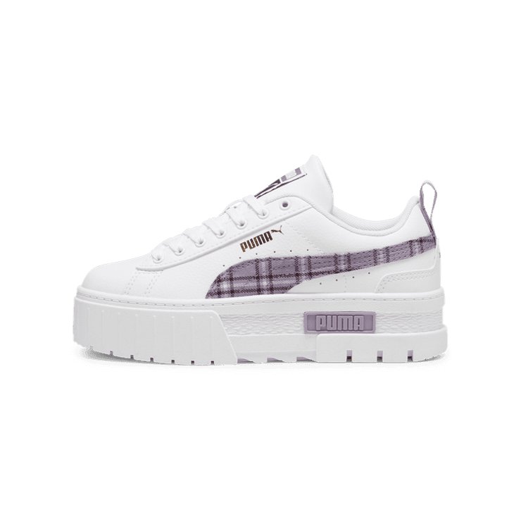 PUMA Mayze Winter Tartan Sneakers in White/Pale Plum (GS) Angle 1