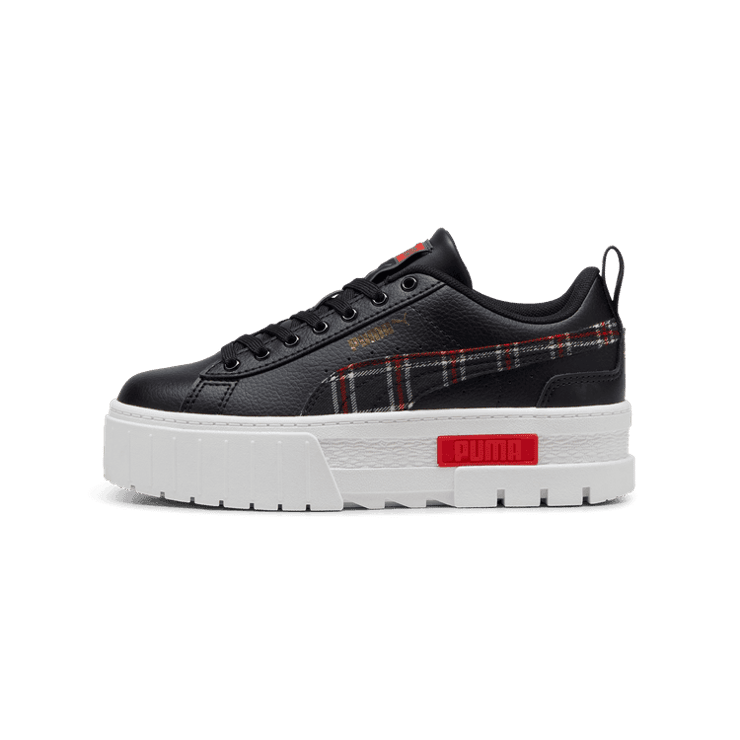 PUMA Mayze Winter Tartan Sneakers in Black/For All Time Red (GS) Angle 1