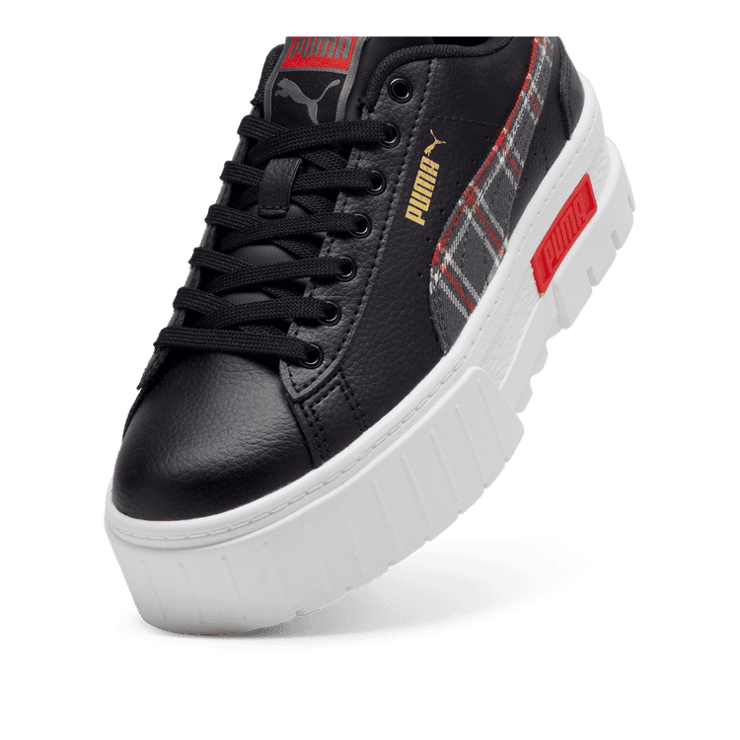 PUMA Mayze Winter Tartan Sneakers in Black/For All Time Red (GS) Angle 2