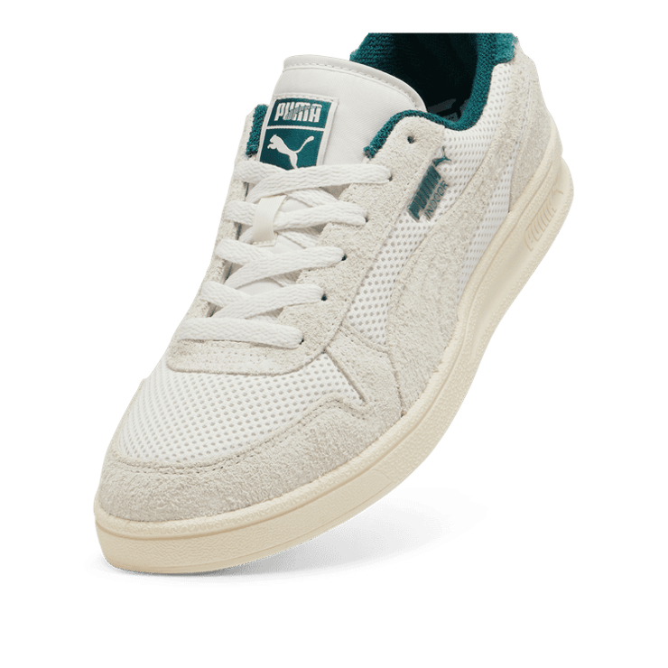 PUMA Indoor Mesh Sneakers in Warm White/Dark Myrtle Angle 2