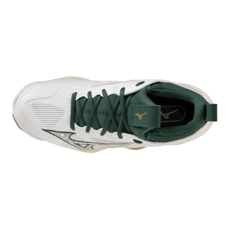 Mizuno Wave Momentum 3 White Green Gold Angle 2