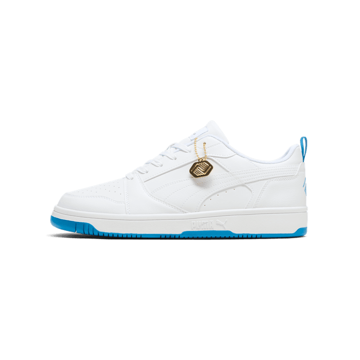 PUMA Rebound V6 Low Boys and Girls Club Sneakers in White/Cloisonne/Team Gold Angle 1