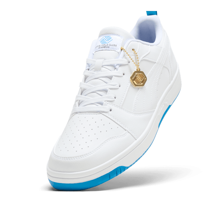 PUMA Rebound V6 Low Boys and Girls Club Sneakers in White/Cloisonne/Team Gold Angle 2