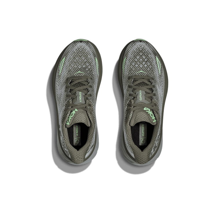 Hoka One One Clifton 9 'Olive Haze Mercury' Angle 0