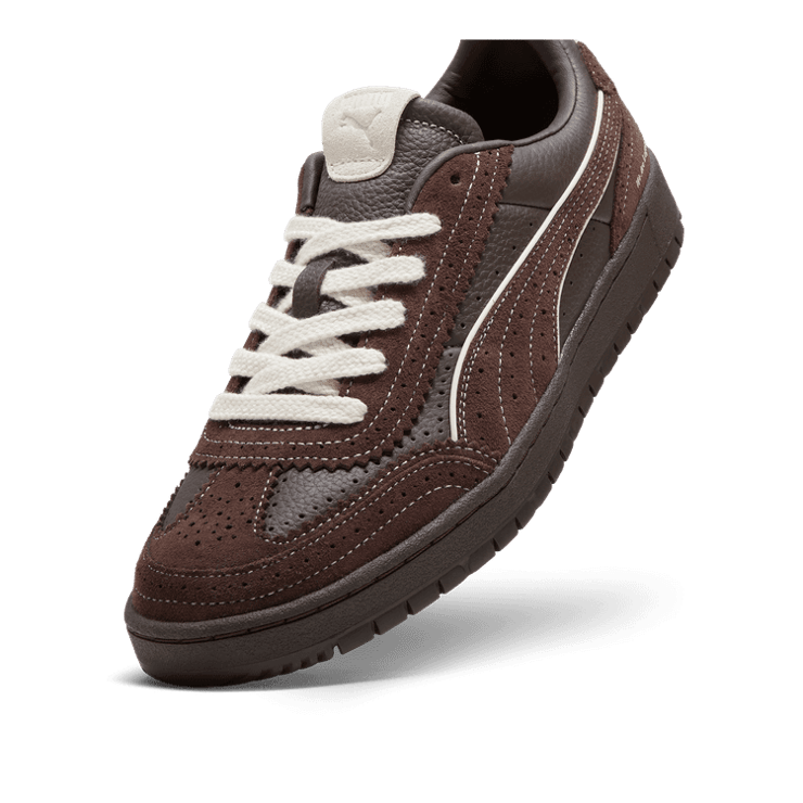 PUMA We Are Legends Renaissance Premier Court Sneakers in Dark Chocolate/Alpine Snow Angle 2