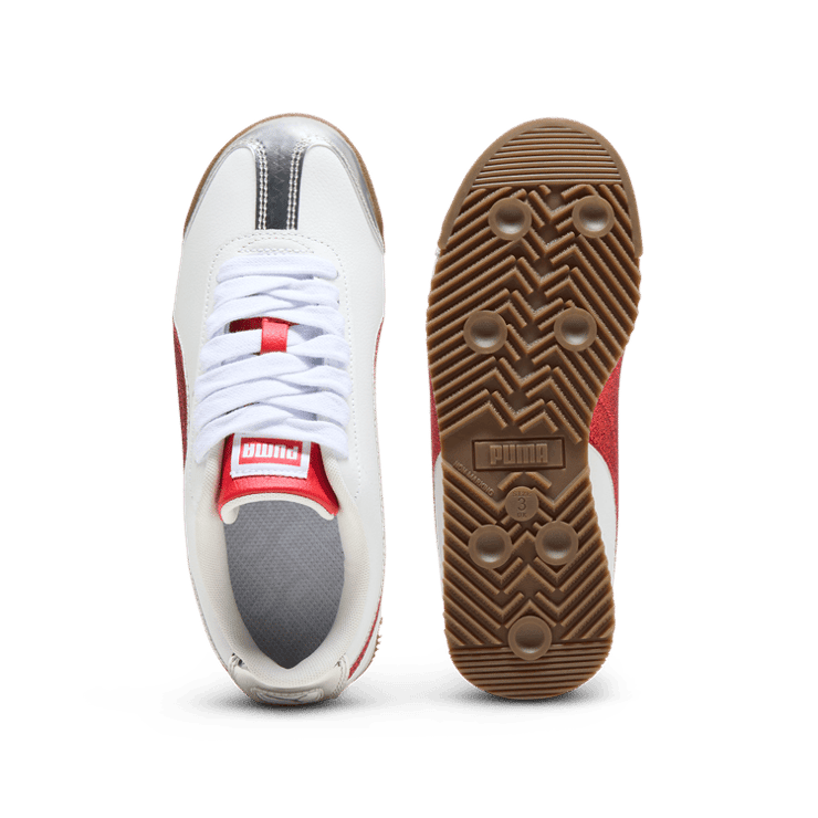 PUMA Roma 24 Holiday Glitz Sneakers in White/For All Time Red/Silver (GS) Angle 0