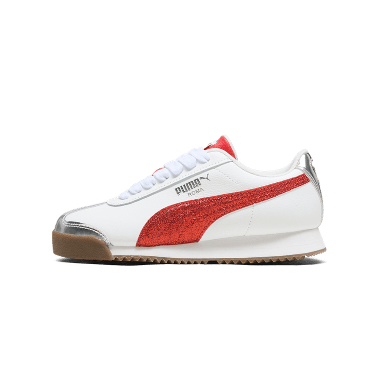 PUMA Roma 24 Holiday Glitz Sneakers in White/For All Time Red/Silver (GS) Angle 1