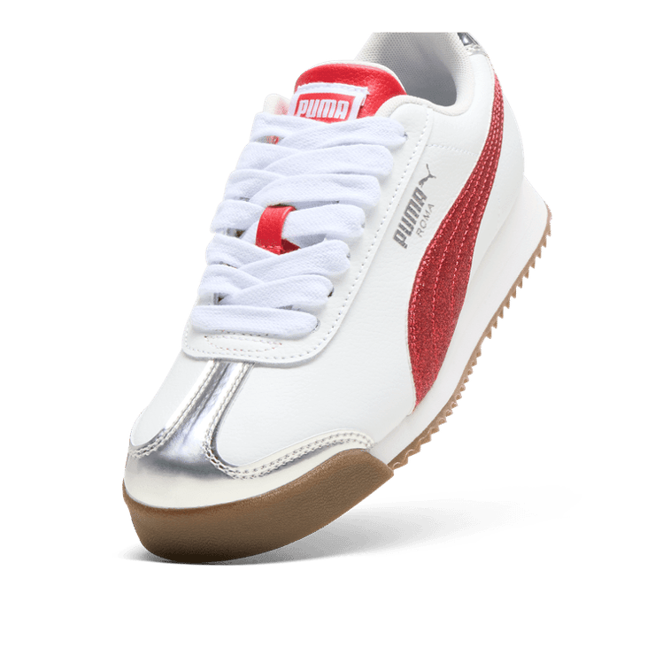 PUMA Roma 24 Holiday Glitz Sneakers in White/For All Time Red/Silver (GS) Angle 2