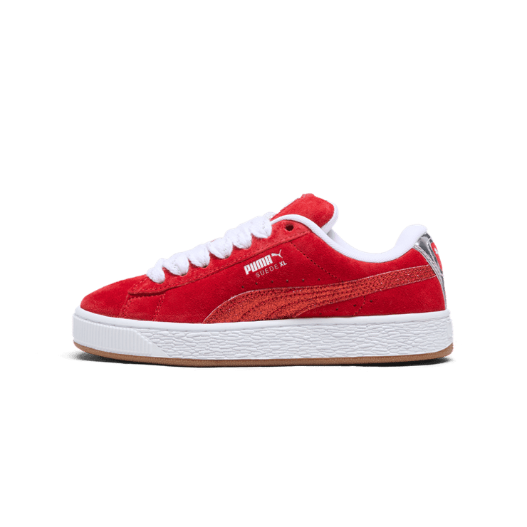 PUMA Suede XL Holiday Glitz Sneakers in For All Time Red/White/Silver (GS) Angle 1