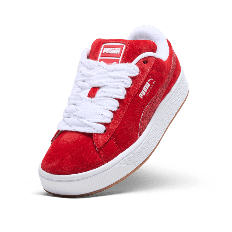 PUMA Suede XL Holiday Glitz Sneakers in For All Time Red/White/Silver (GS) Angle 2
