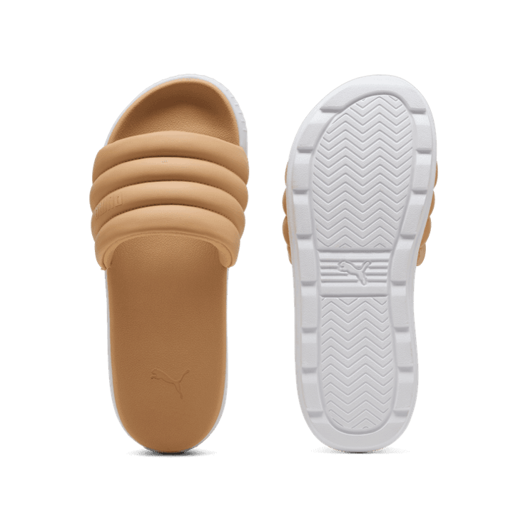 PUMA Karmen Puffy Slides in Warm Beige/White Angle 1