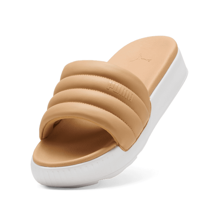 PUMA Karmen Puffy Slides in Warm Beige/White Angle 2