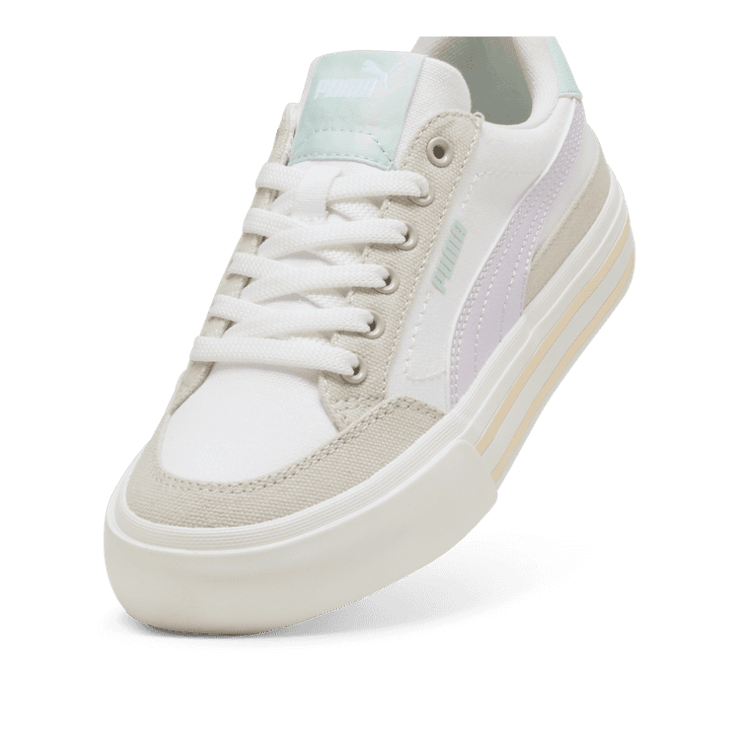 PUMA Court Classic Vulc Formstrip Sneakers in White/Lilac Frost/Desert Dust (GS) Angle 2