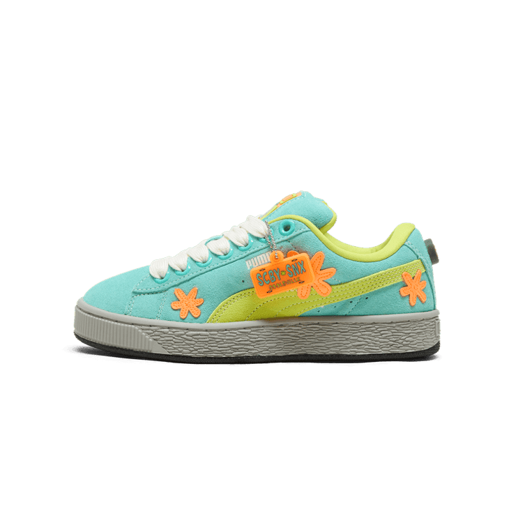 PUMA Suede XL Scooby Doo Sneakers in Lime Smash/Aquatic/Heat Fire Angle 1