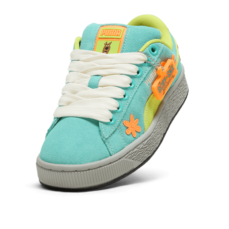 PUMA Suede XL Scooby Doo Sneakers in Lime Smash/Aquatic/Heat Fire Angle 2