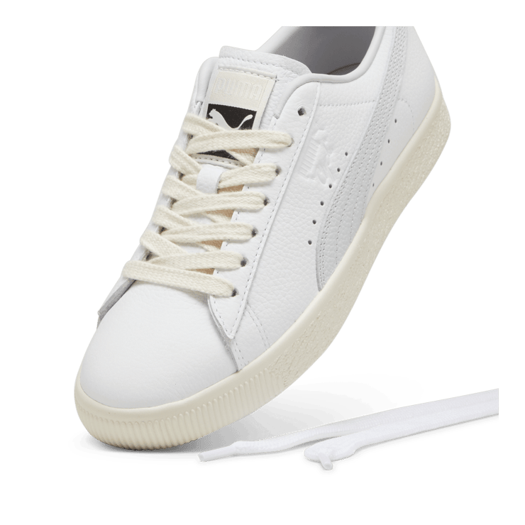 PUMA Clyde Leather Sneakers in White/Silver Mist/Frosted Ivory Angle 3