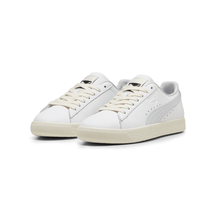 PUMA Clyde Leather Sneakers in White/Silver Mist/Frosted Ivory Angle 5