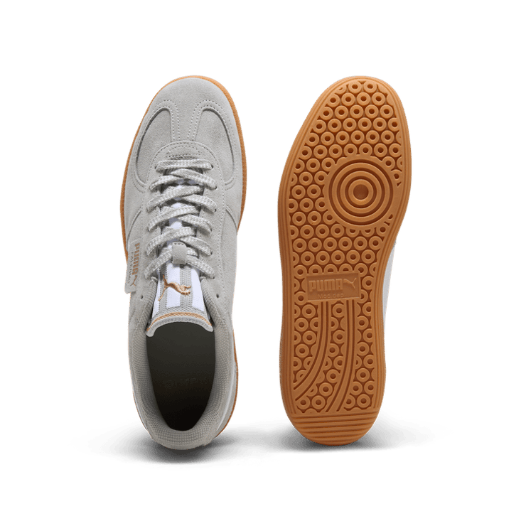 PUMA Palermo Supertifo Suede Sneakers in Smokey Grey/White/Gold Angle 0