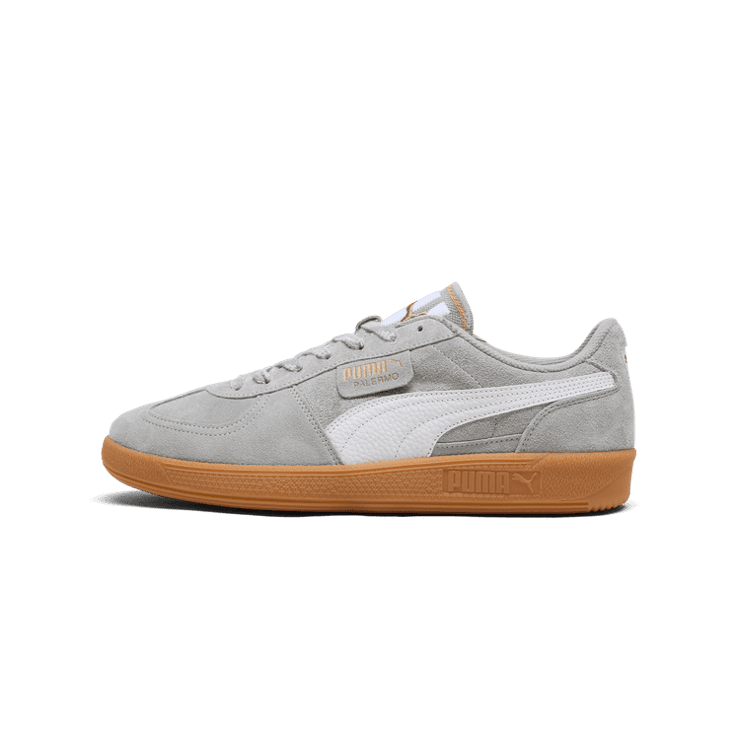 PUMA Palermo Supertifo Suede Sneakers in Smokey Grey/White/Gold Angle 1