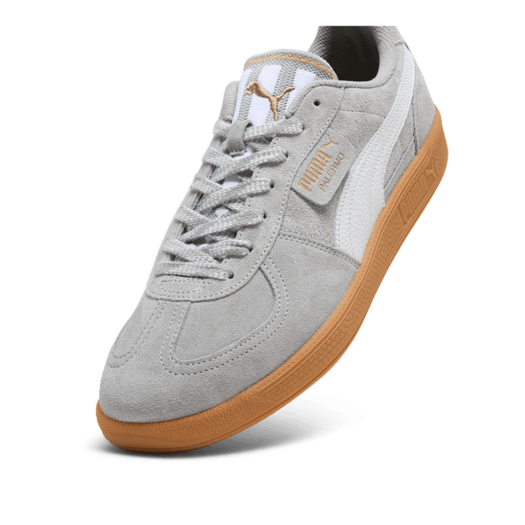 PUMA Palermo Supertifo Suede Sneakers in Smokey Grey/White/Gold Angle 2