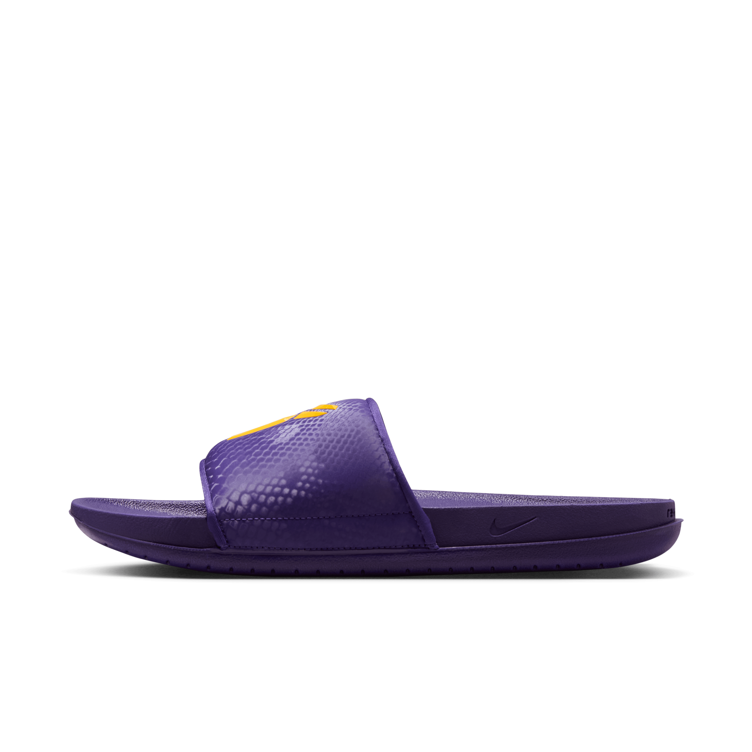 purple and gold nike slides
