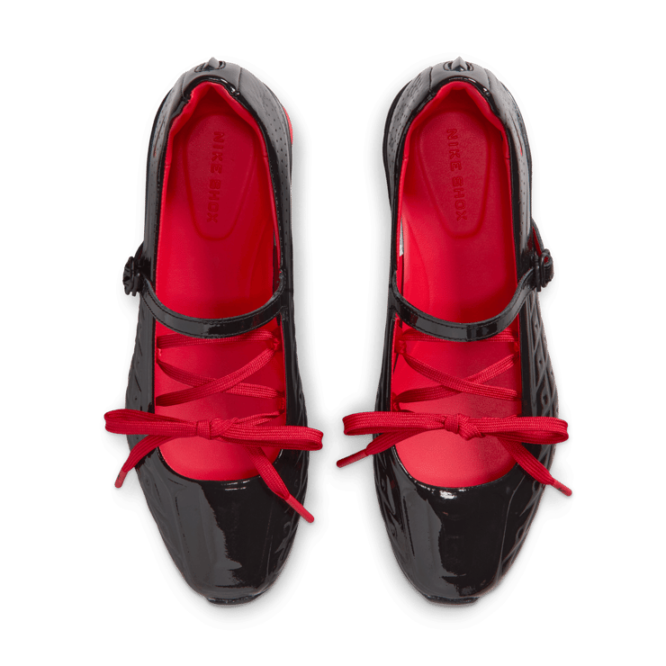 Labelhood x Nike Shox Z Calistra Black Pottery lateral view showing patent leather upper and floral embroidery on strap