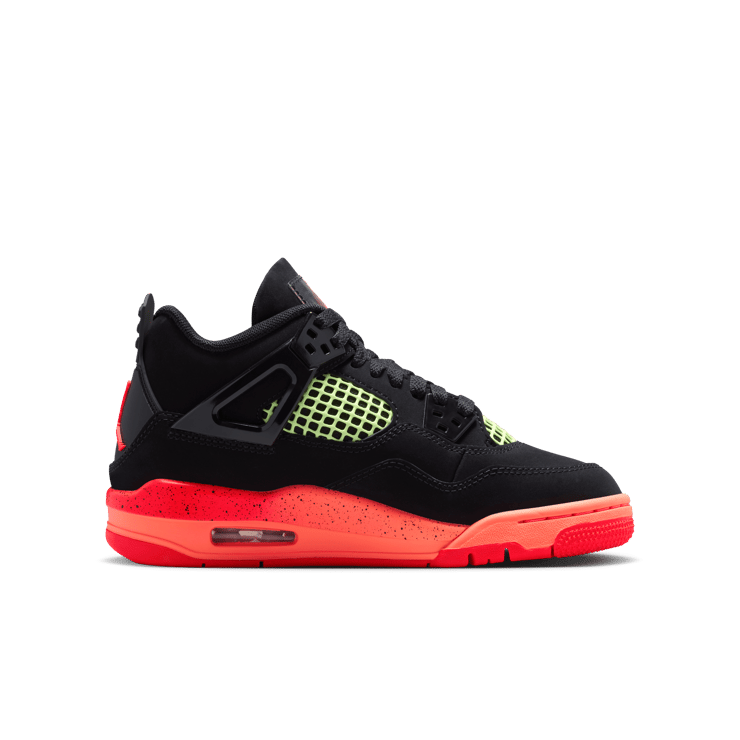 Air Jordan 4 Retro Black Infrared 23 GS heel detail showing Jumpman branding and Infrared 23 gradient midsole