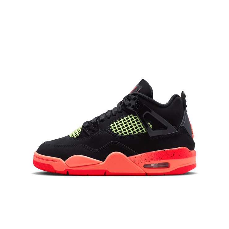 Air Jordan 4 Retro Black Infrared 23 GS lateral view showing black nubuck upper and Barely Volt midfoot netting